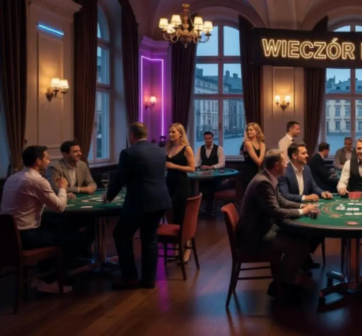Sala eventowa przygotowana na wieczór kasynowy z neonowym oświetleniem